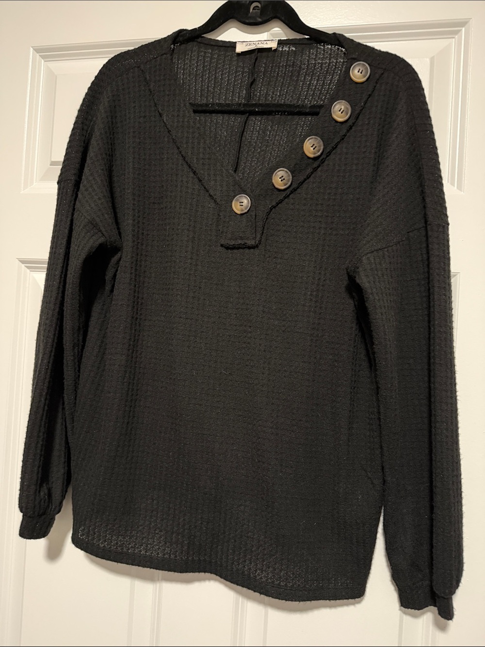 Zenana Outfitters Black V-Neck Waffle Knit Pullover with Button Detail
